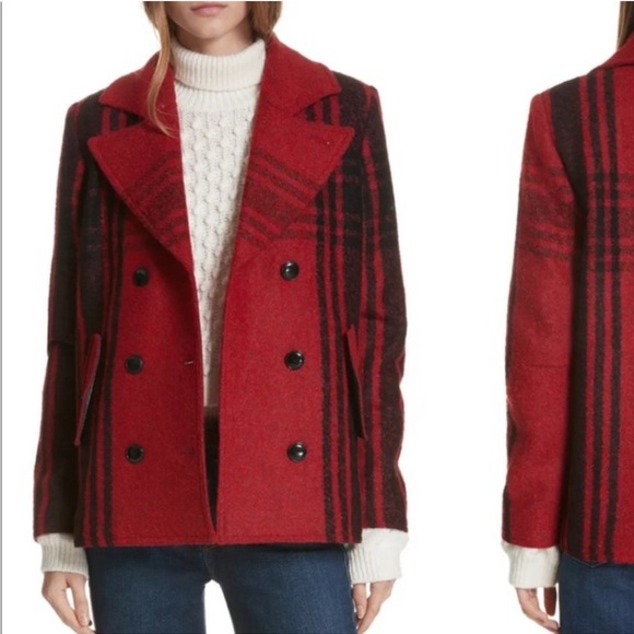 Frame Buffalo Checkered Wool Blend Pea Coat   Red and Black. - Picture 7 of 7
